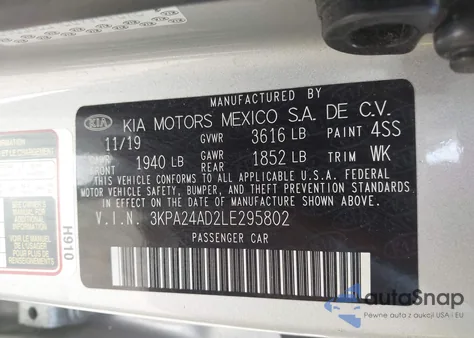 2020 Kia Rio S from USA, damaged, VIN 3KPA24AD2LE295802